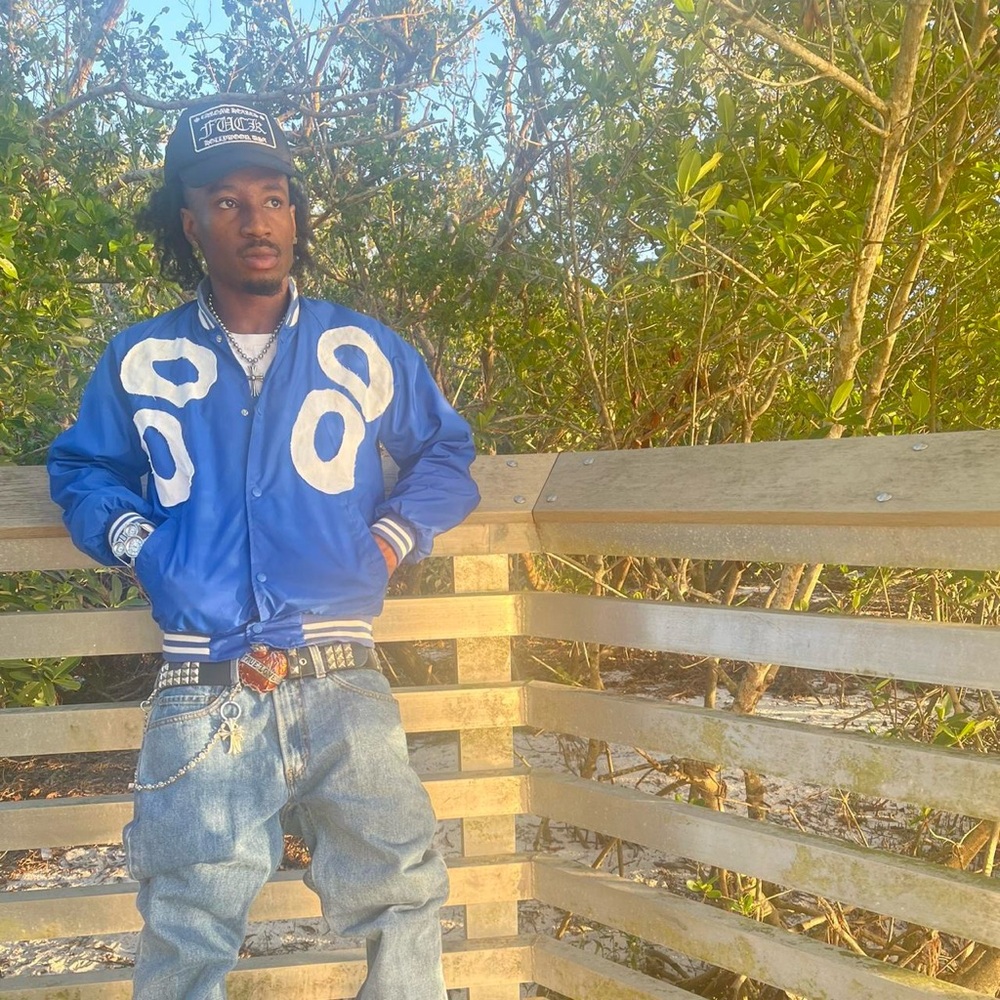 Blue upcycled varsity jacket